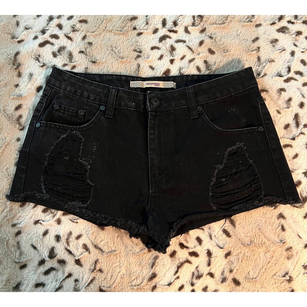High Waisted Distressed Black Denim Shorts